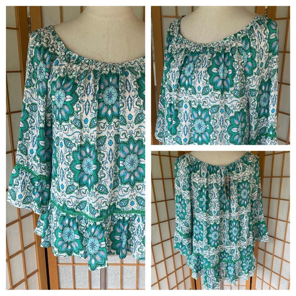 Democracy Ladder Trim Ruffle Print Peasant Top SZ M NWT